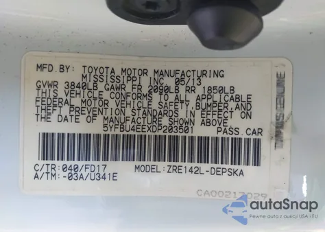 2013 Toyota Corolla S z USA, uszkodzony, nr VIN 5YFBU4EEXDP203501